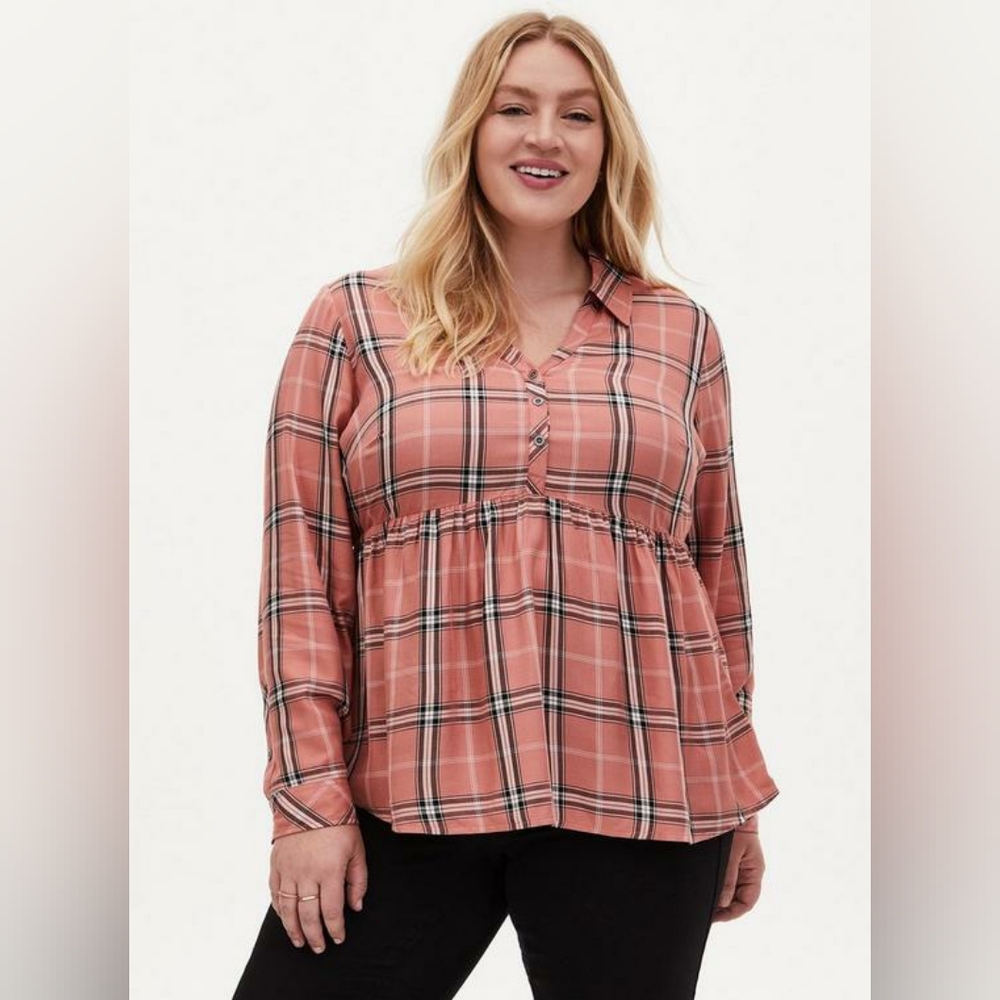 Torrid Pink Plaid Long Sleeve Twill Peplum Blouse Size 2